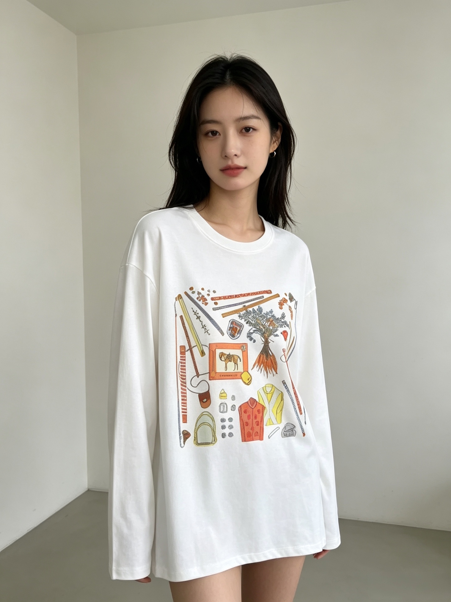エルメス 馬術アートプリント長袖Tシャツ ミルキーホワイト CS336831028 詳細画像 1