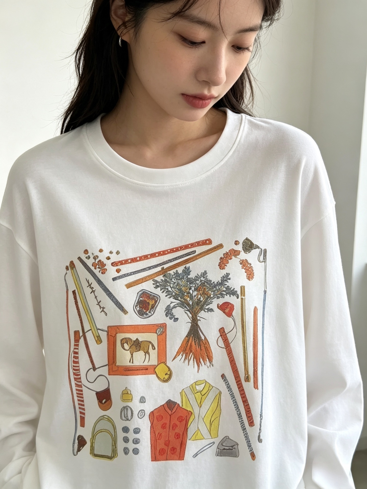 エルメス 馬術アートプリント長袖Tシャツ ミルキーホワイト CS336831028 詳細画像 2