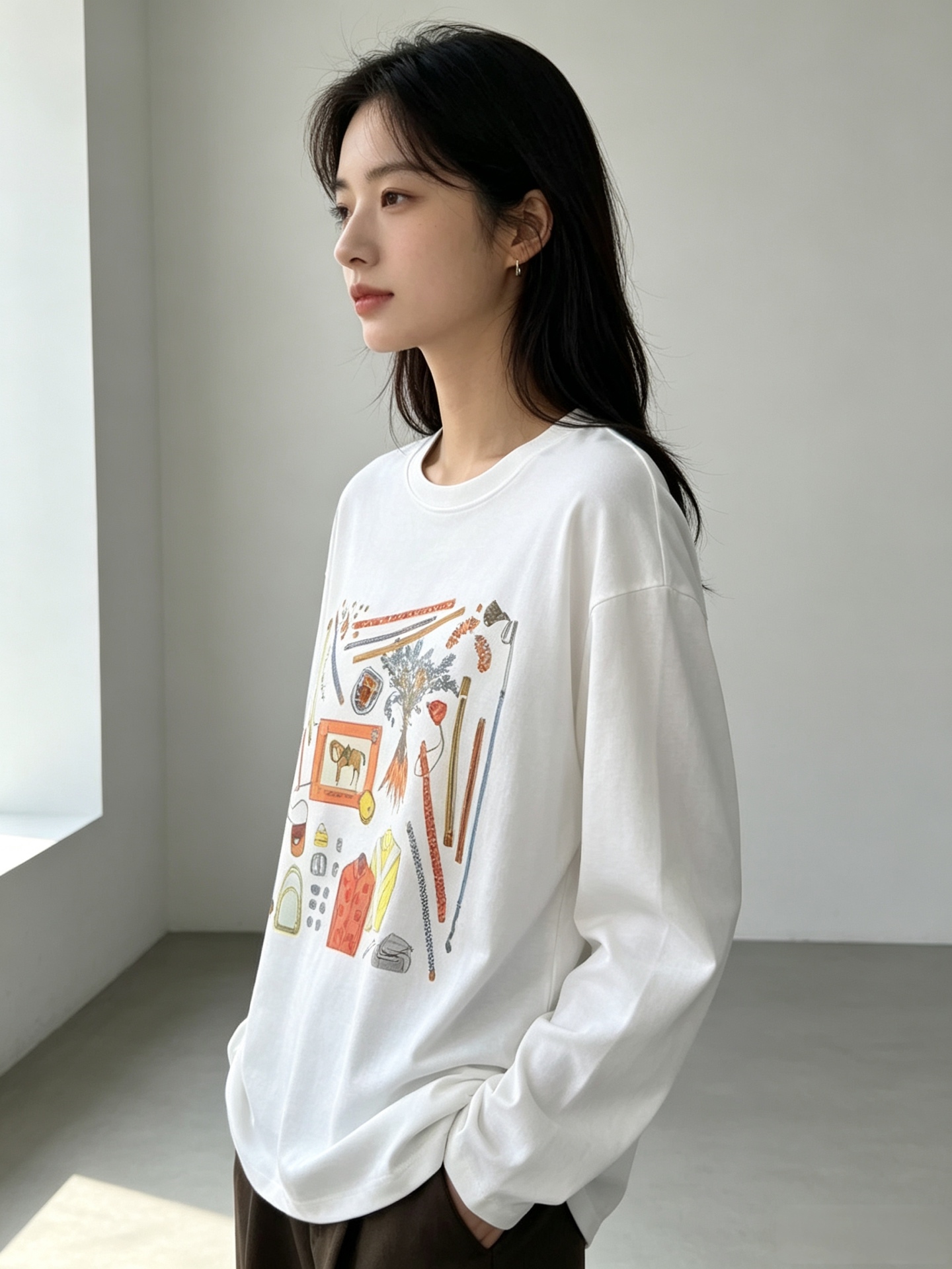 エルメス 馬術アートプリント長袖Tシャツ ミルキーホワイト CS336831028 詳細画像 3