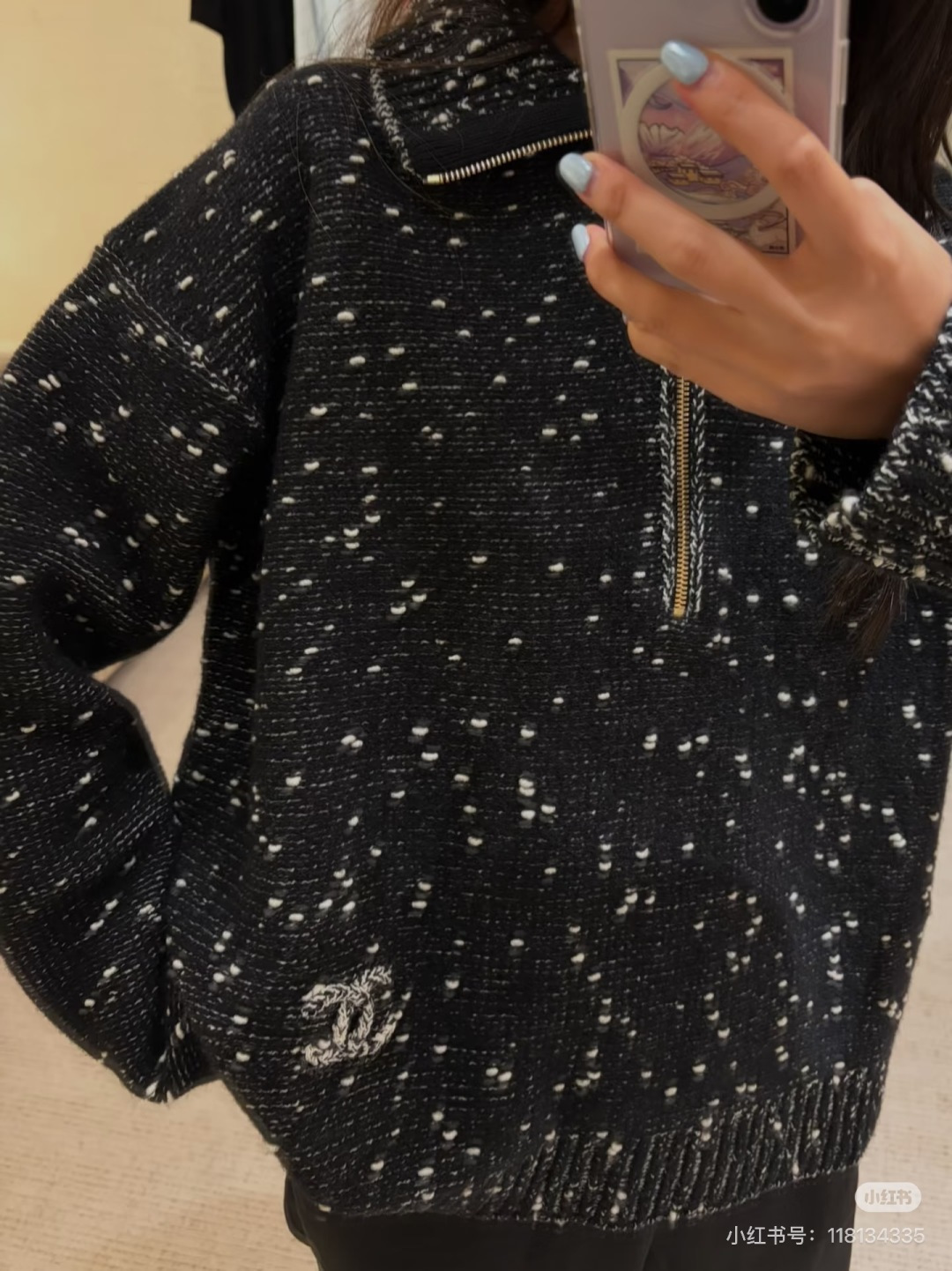 シャネル ココマーク刺繍 ネップヤーン ハーフジップ モックネックニット ブラック/ホワイト CS336847028 詳細画像 2