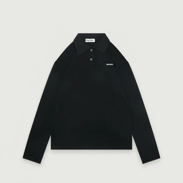 ミュウミュウ ロゴパッチ ロングスリーブ ポロシャツ ブラック