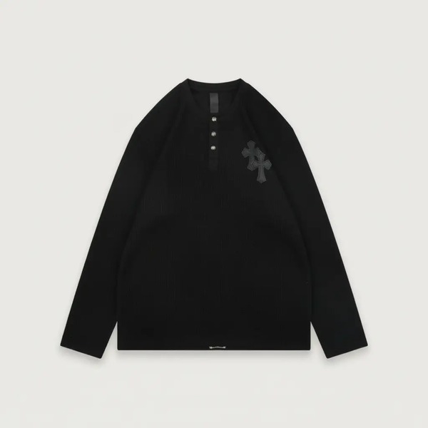 クロムハーツ レザークロスパッチ サーマル ヘンリーネック ロングスリーブ Tシャツ ブラック