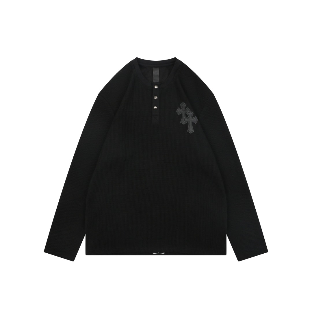 クロムハーツ レザークロスパッチ サーマル ヘンリーネック ロングスリーブ Tシャツ ブラック 詳細画像 1