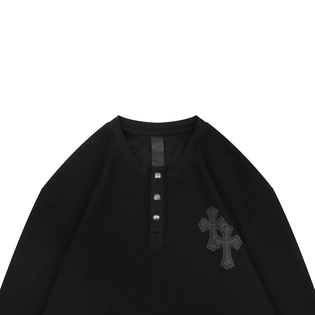 クロムハーツ レザークロスパッチ サーマル ヘンリーネック ロングスリーブ Tシャツ ブラック 詳細画像 3