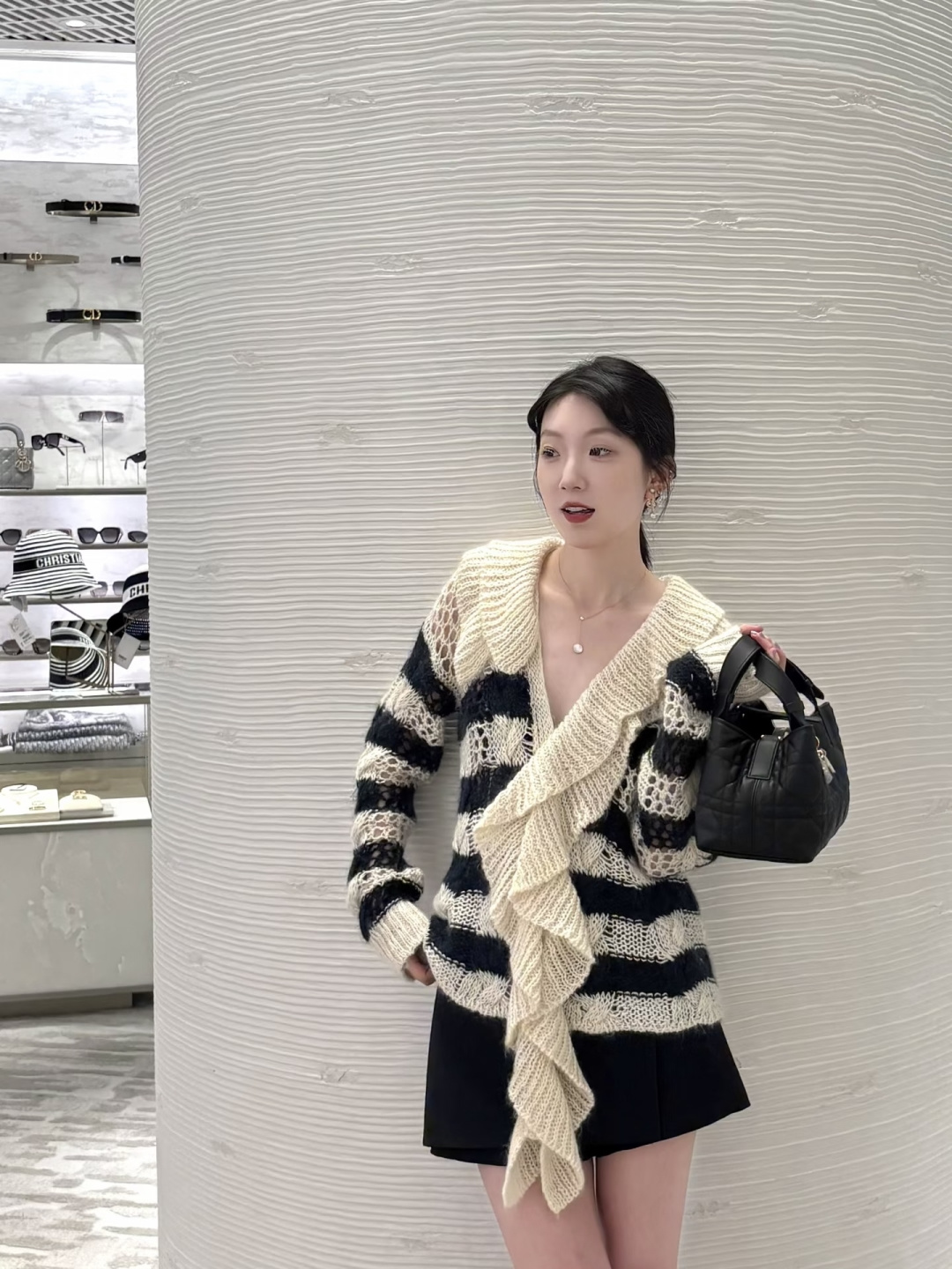アシンメトリー フリル モヘア混 ニットトップス ネイビー×アイボリー ストライプ CS336847028