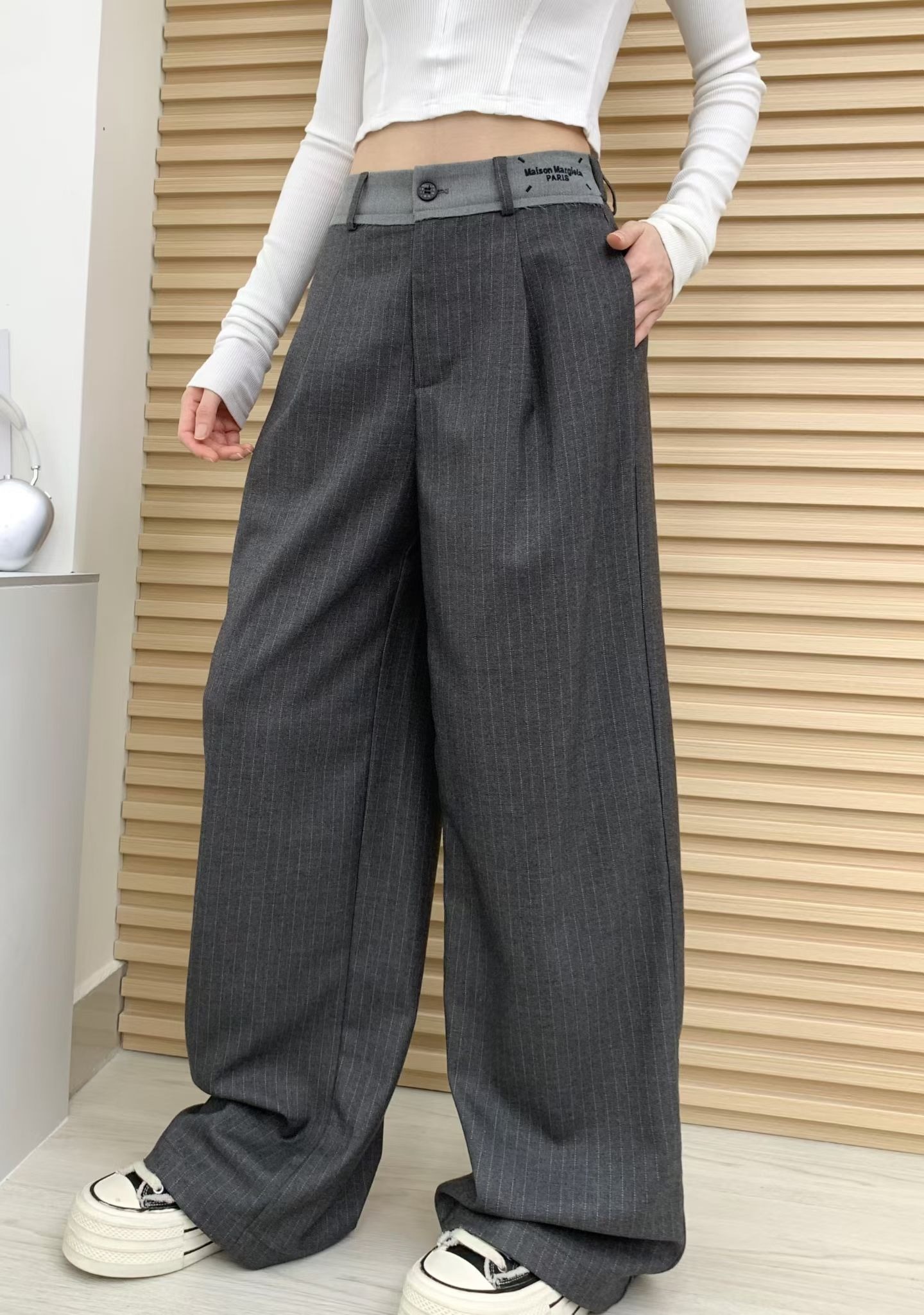 メゾン マルジェラ 刺繍ウエストバンド ワイドパンツ グレー
