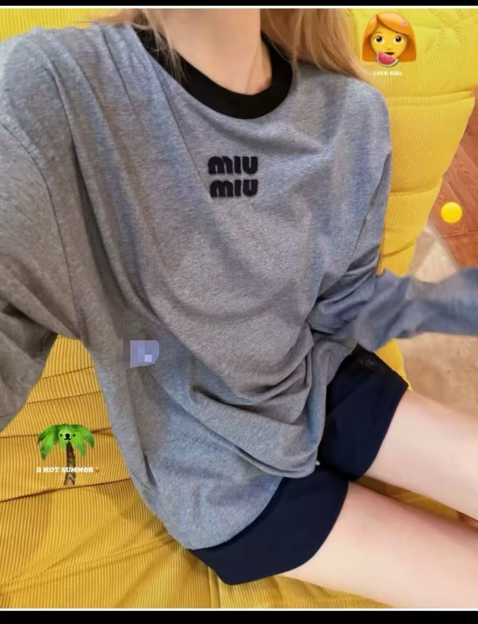 ミュウミュウ ラウンドネック ロゴ長袖Tシャツ グレー