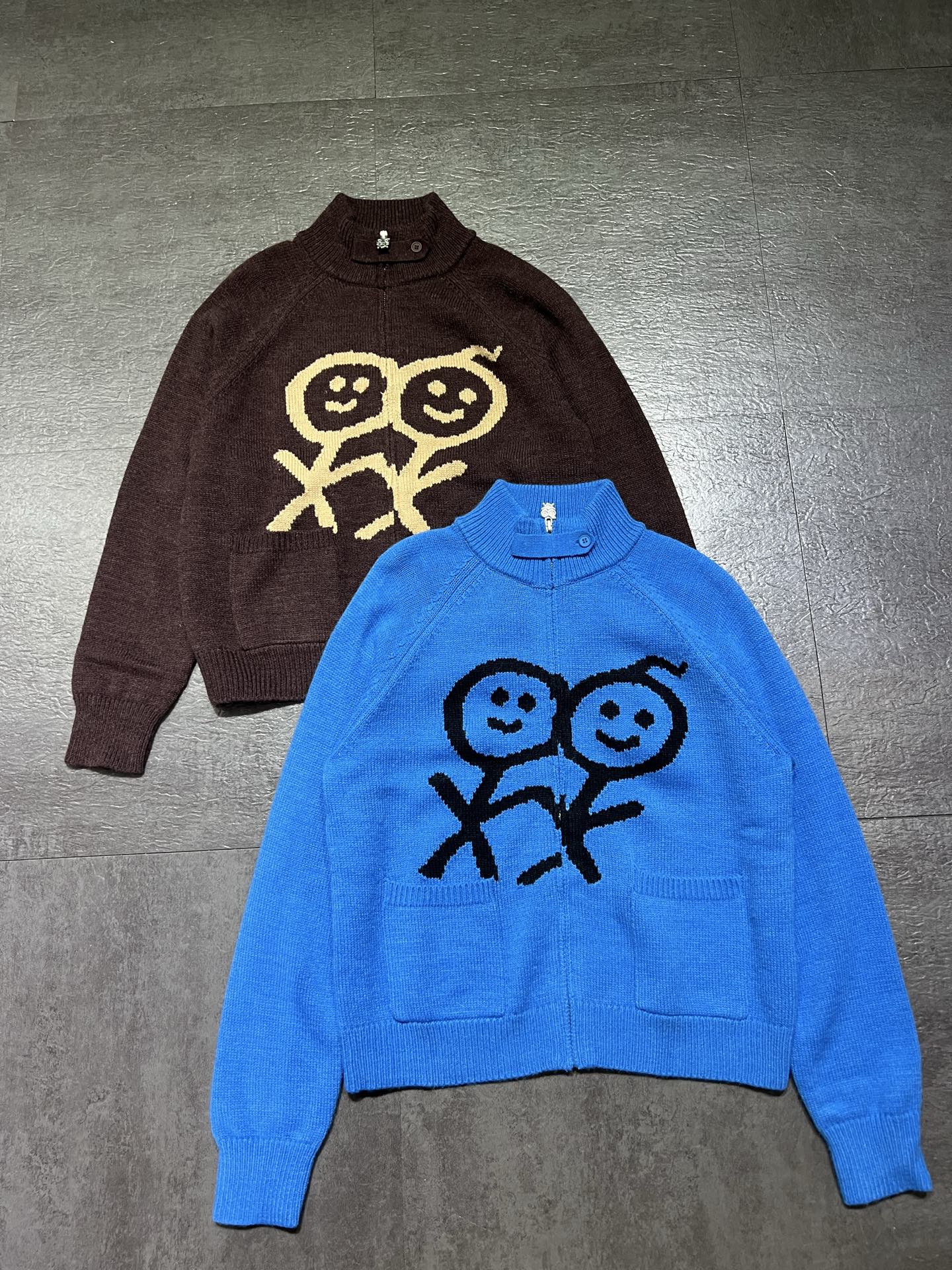 刺繍ロゴ ハイネック ルーズ セーターカーディガン ブルー 詳細画像 1
