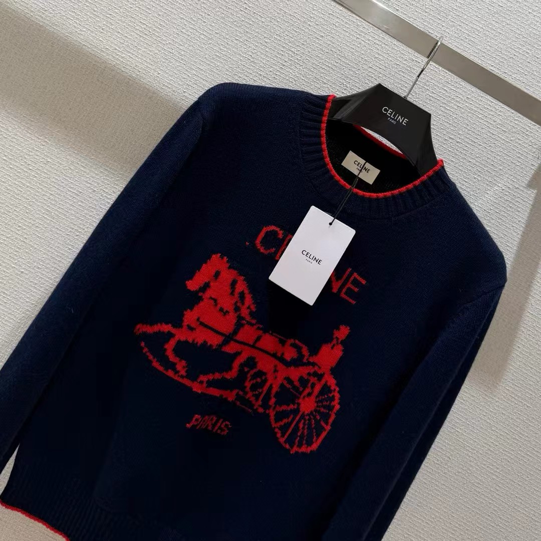 セリーヌ 馬車柄ジャカード ニットセーター ネイビー×レッド 詳細画像 3