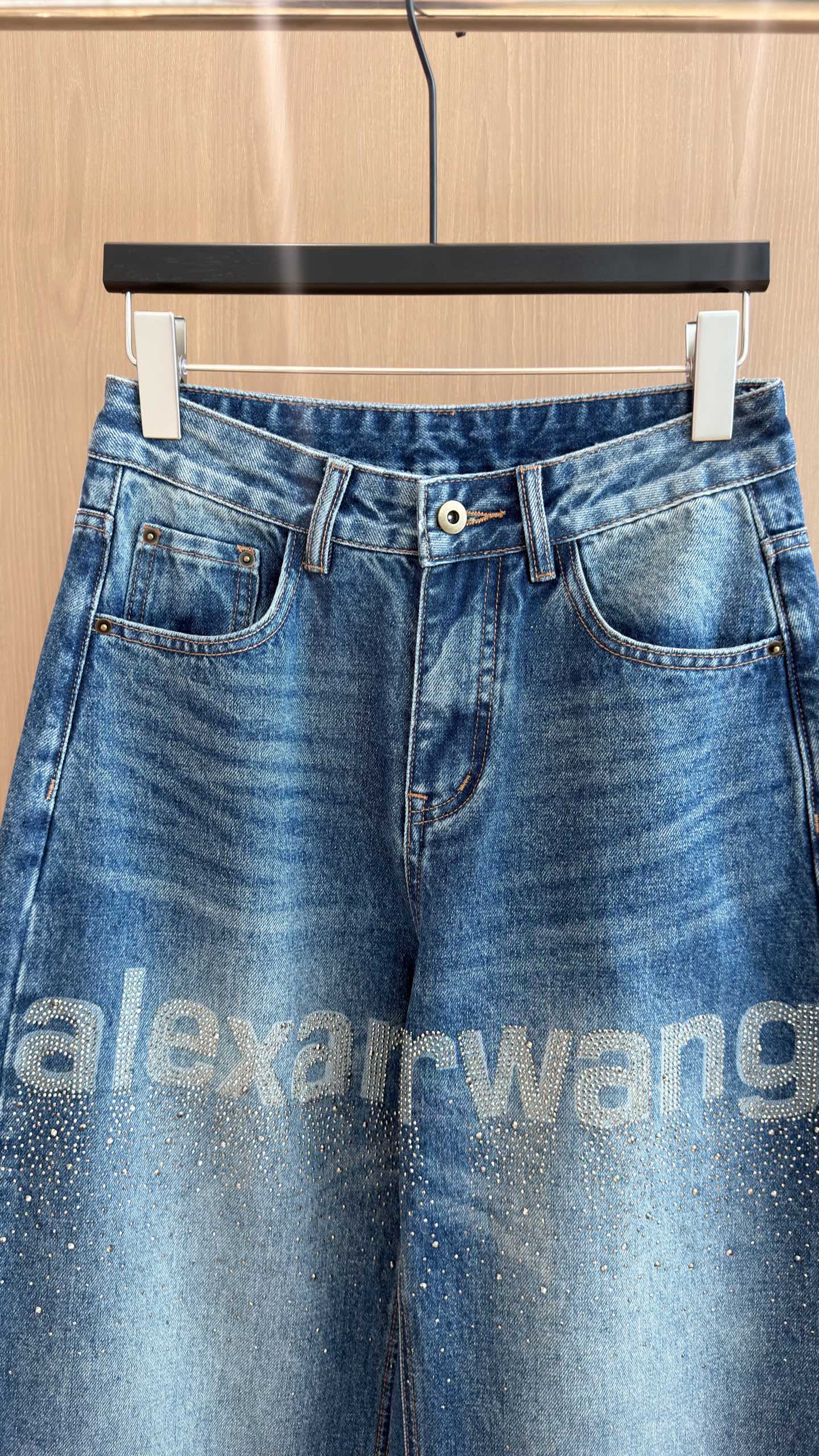 デザイナーズ ラインストーン シックル型 デニムパンツ ブルー 詳細画像 3