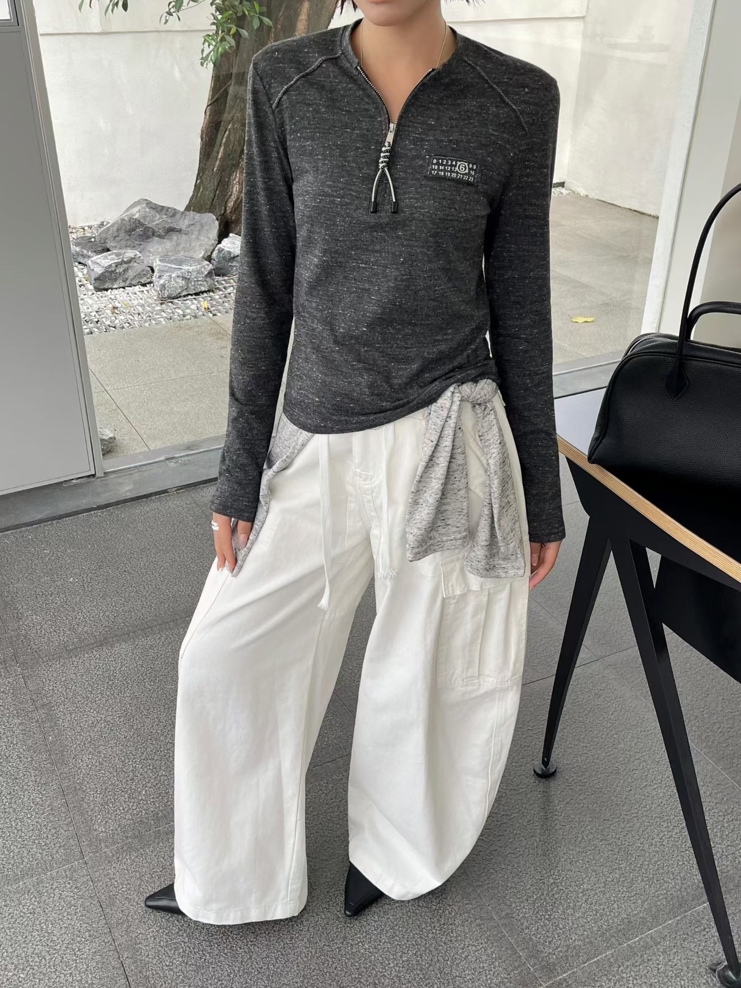 メゾン マルジェラ ハーフジップ長袖Tシャツ チャコールグレー