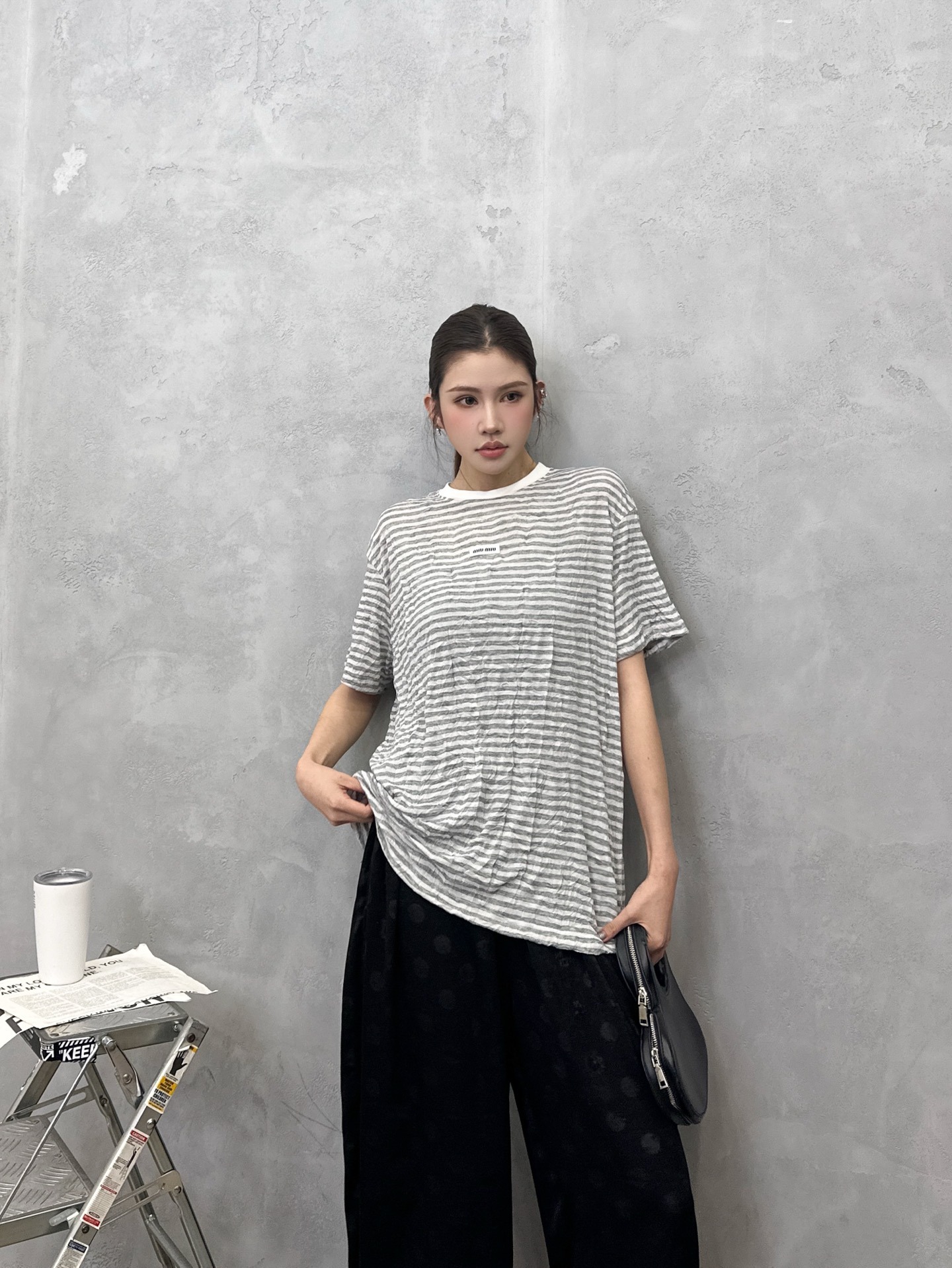 ミュウミュウ ボーダー半袖Tシャツ ホワイト/グレー