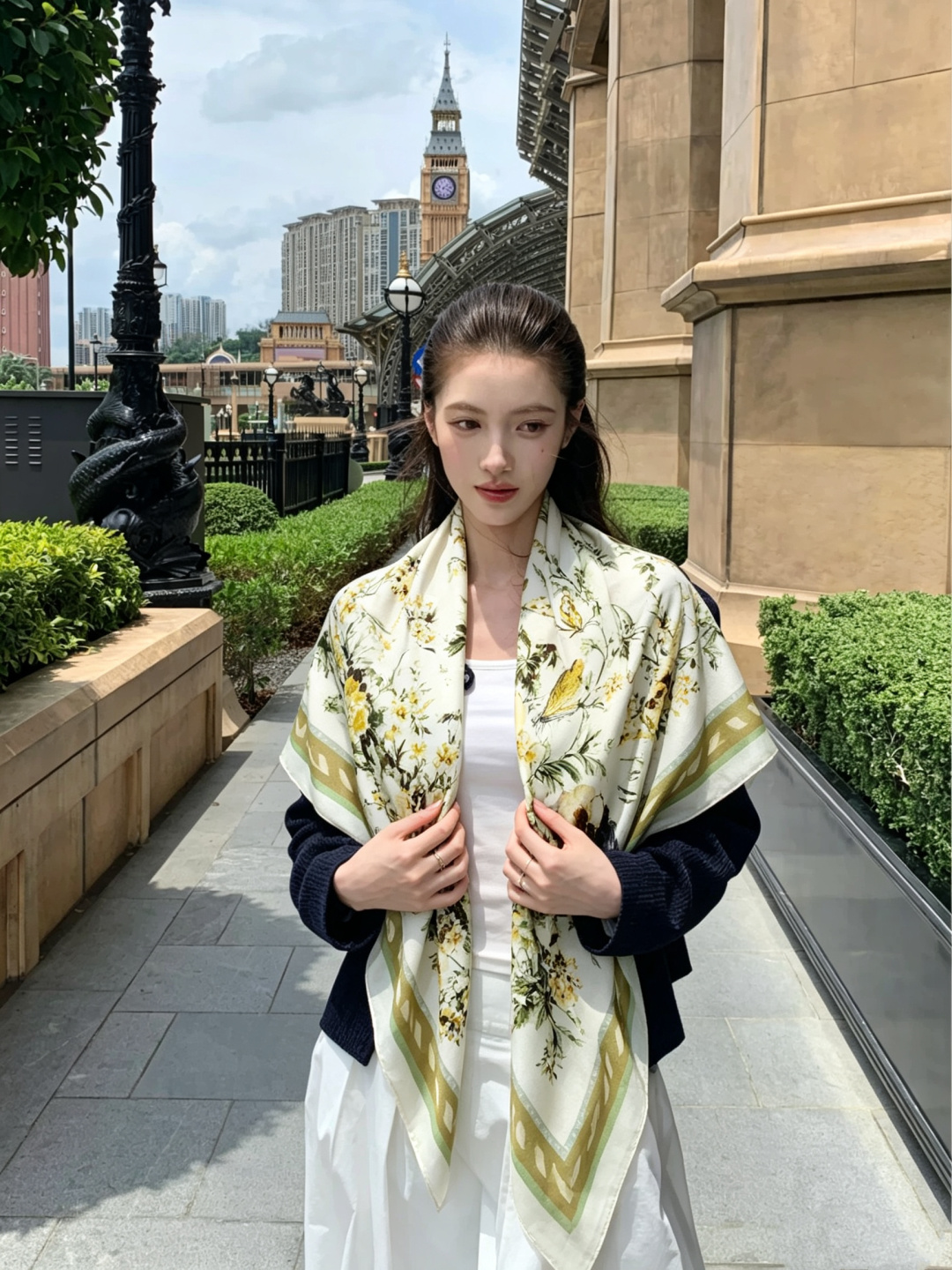 ディオール Dioriviera Floral Garden トワル ドゥ ジュイ シルクカシミヤ 140 スカーフ アイボリー/グリーン 詳細画像 1