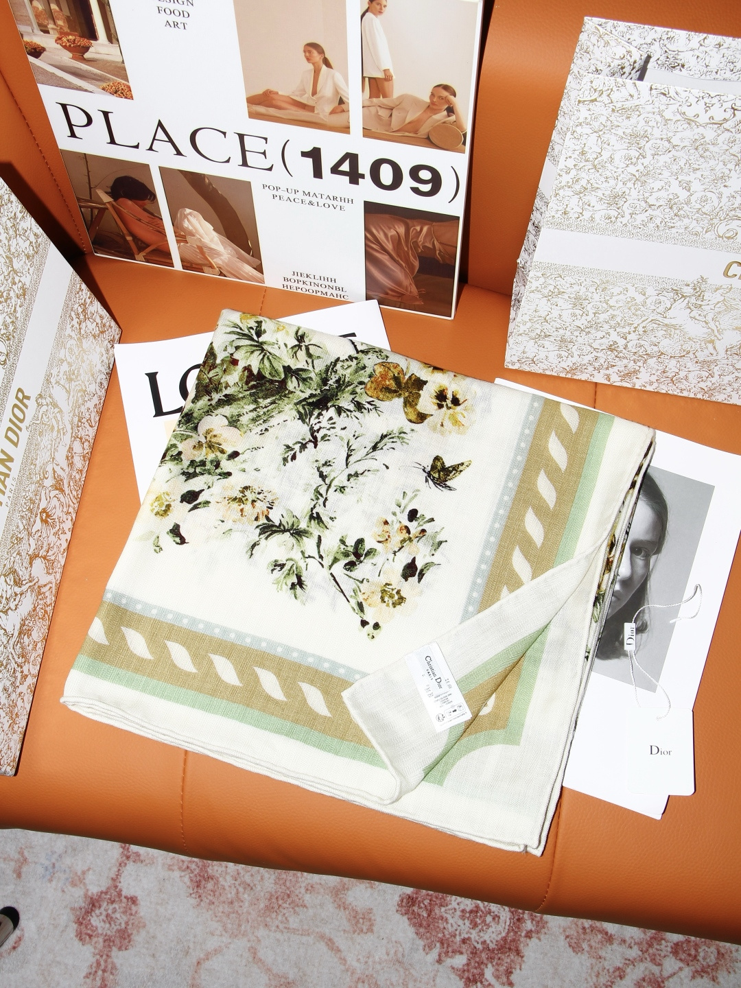 ディオール Dioriviera Floral Garden トワル ドゥ ジュイ シルクカシミヤ 140 スカーフ アイボリー/グリーン 詳細画像 2