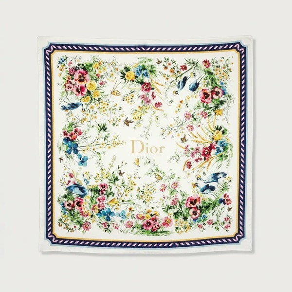 ディオール Dioriviera Floral Garden トワル ドゥ ジュイ シルクカシミヤ 140 スクエアスカーフ アイボリー／ネイビー
