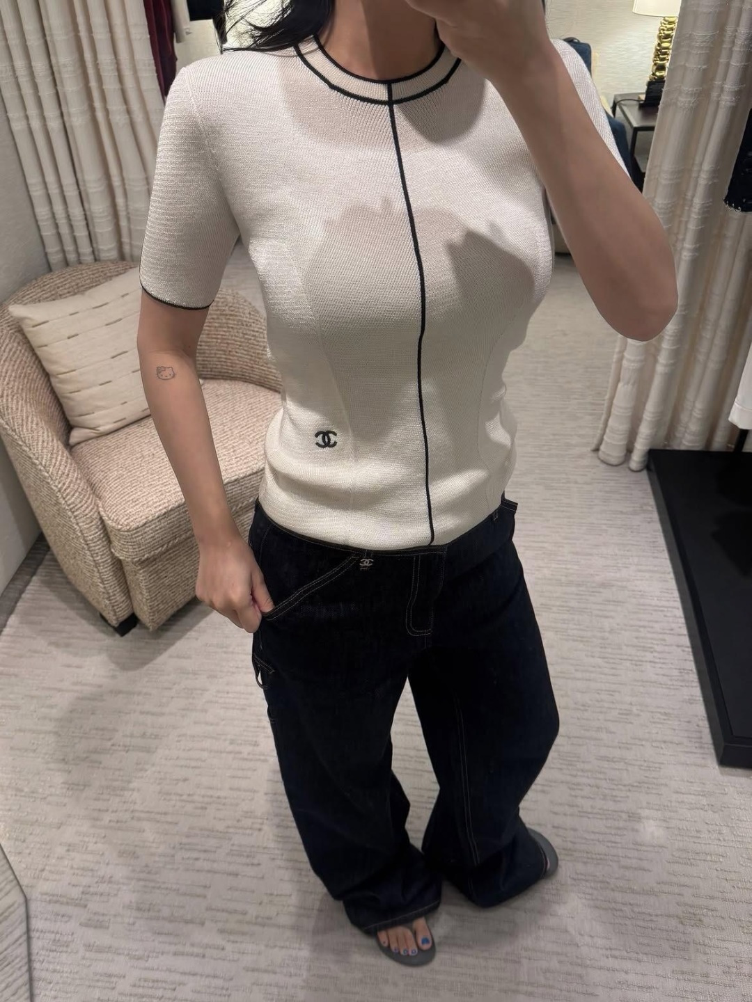 シャネル ウォッシュ加工 ワイドレッグ カーゴデニムパンツ ダークインディゴ CS336834828 詳細画像 3