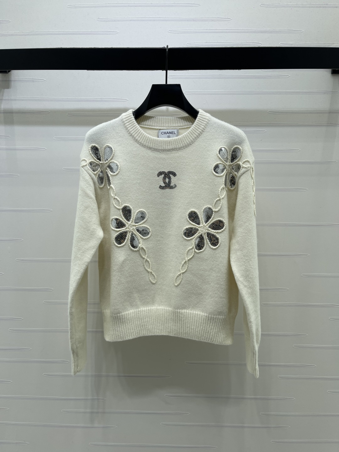 シャネル フローラル刺繍 ウールセーター アイボリー 詳細画像 2