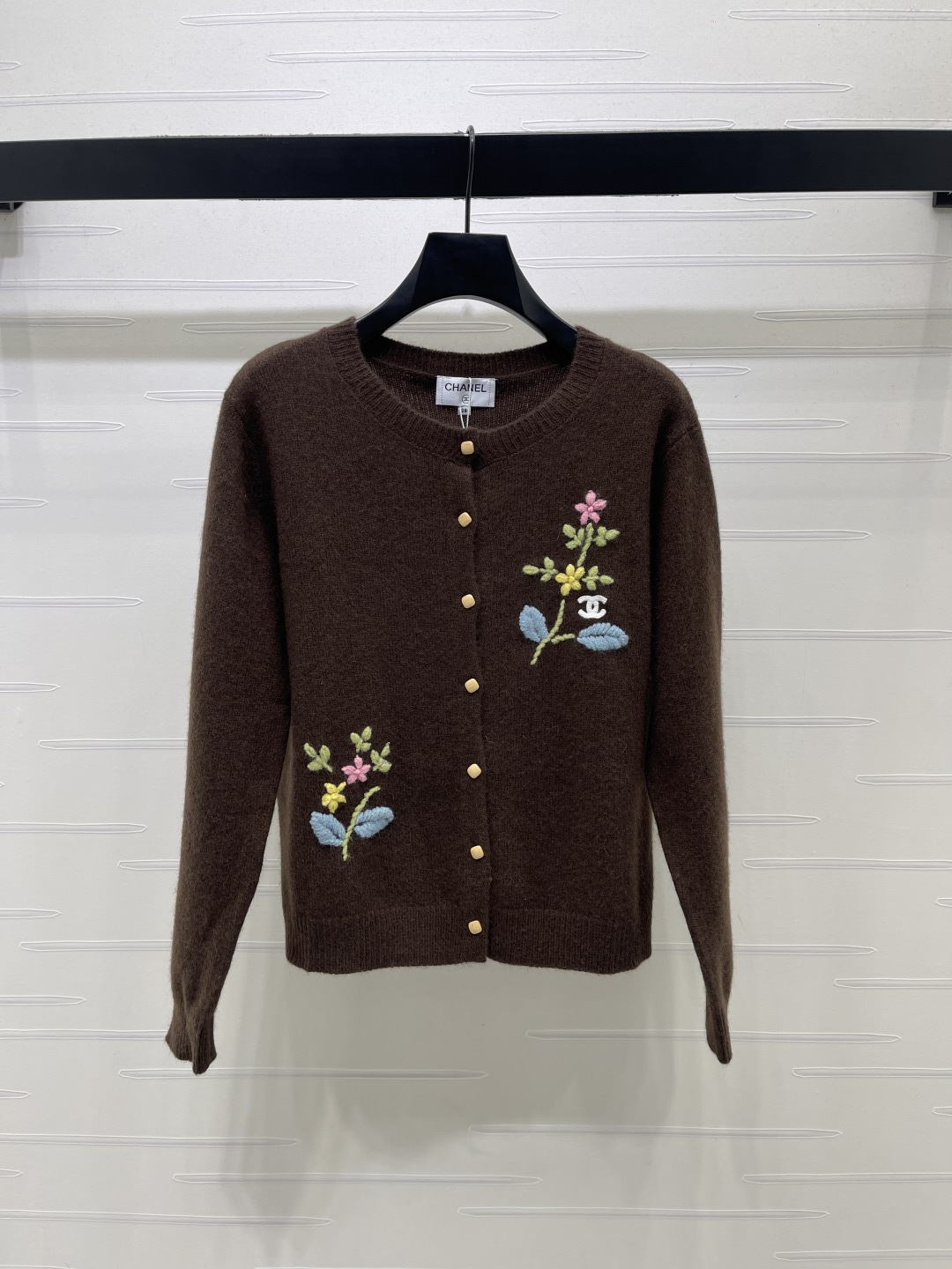 シャネル フローラル刺繍ウールカーディガン ブラウン 詳細画像 1