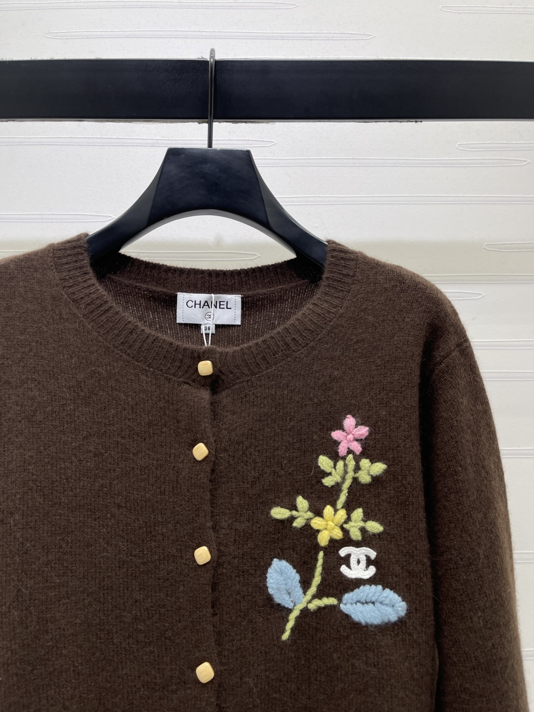 シャネル フローラル刺繍ウールカーディガン ブラウン 詳細画像 2