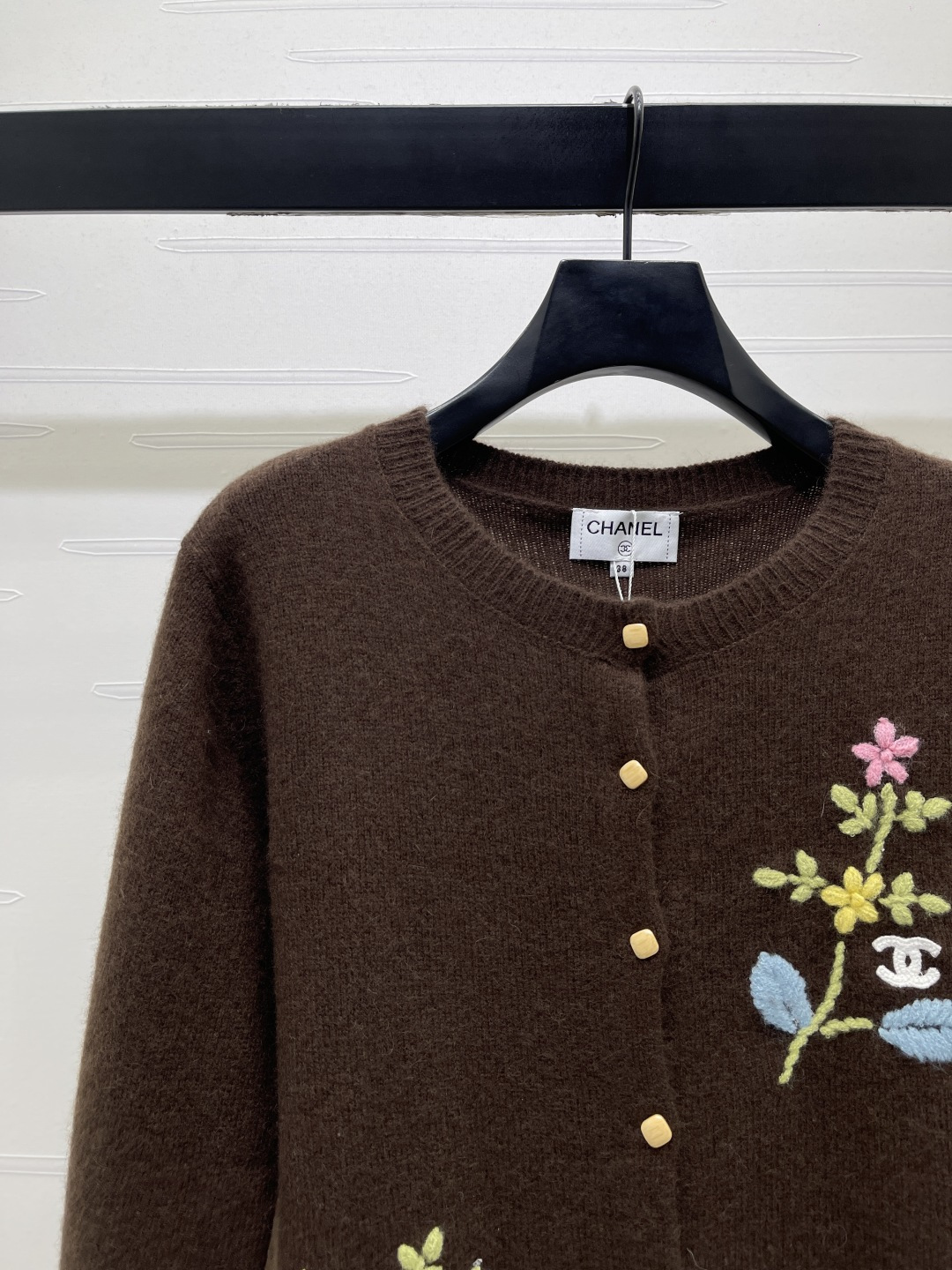 シャネル フローラル刺繍ウールカーディガン ブラウン 詳細画像 3