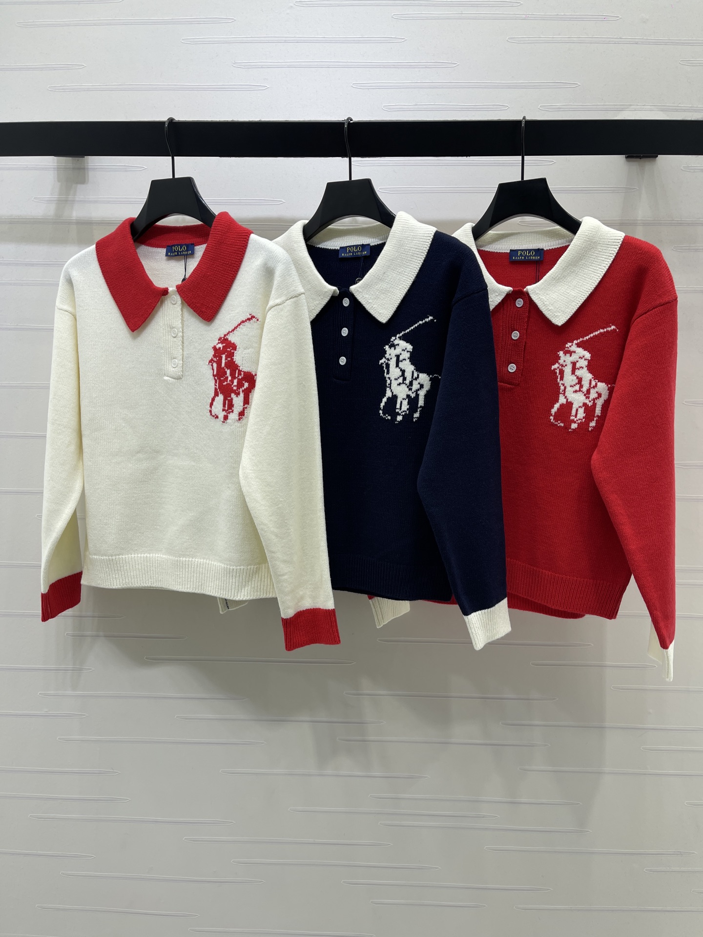 ポロ ラルフ ローレン 配色襟ニット長袖トップス アイボリー× 詳細画像 1