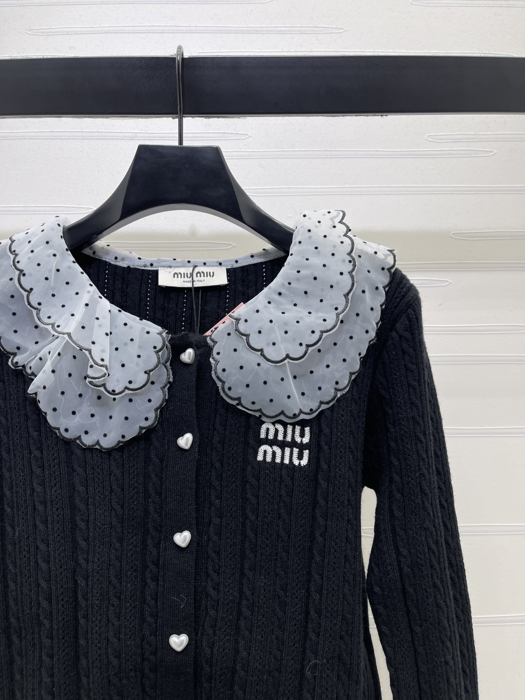 ミュウミュウ ドット柄シフォン襟レイヤード風ニットカーディガン ブラック 詳細画像 2