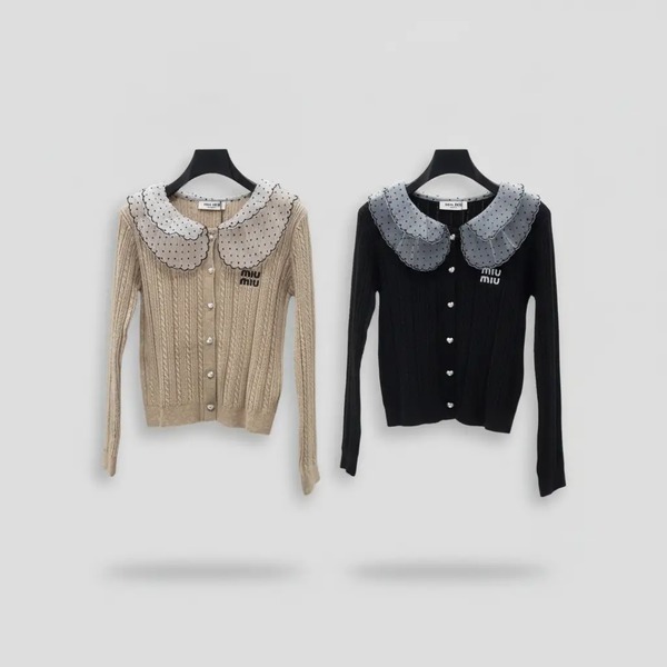 ミュウミュウ ドット柄シフォン襟ニットカーディガン