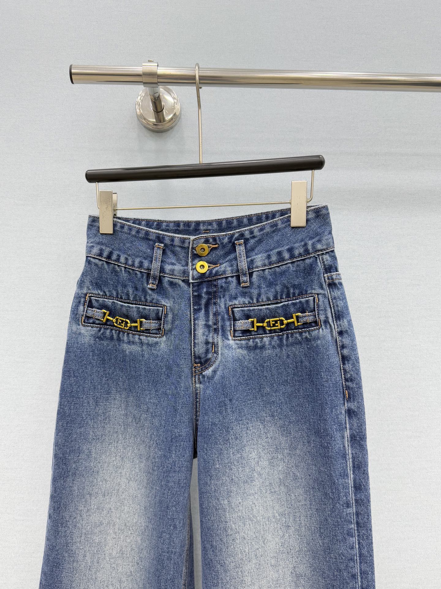 メタルチェーンポケット ストレートデニムパンツ ブルー 詳細画像 3