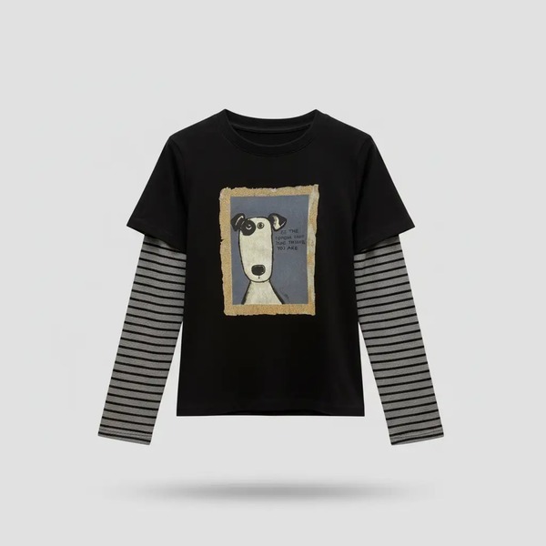 プリント柄 フェイクレイヤード長袖Tシャツ ブラック