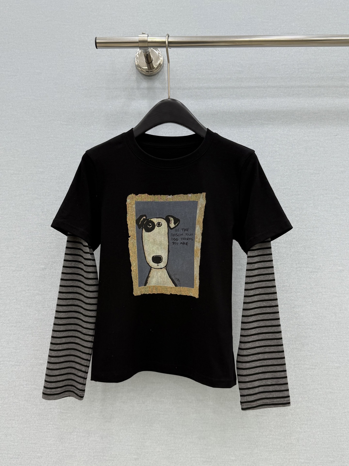 プリント柄 フェイクレイヤード長袖Tシャツ ブラック 詳細画像 1