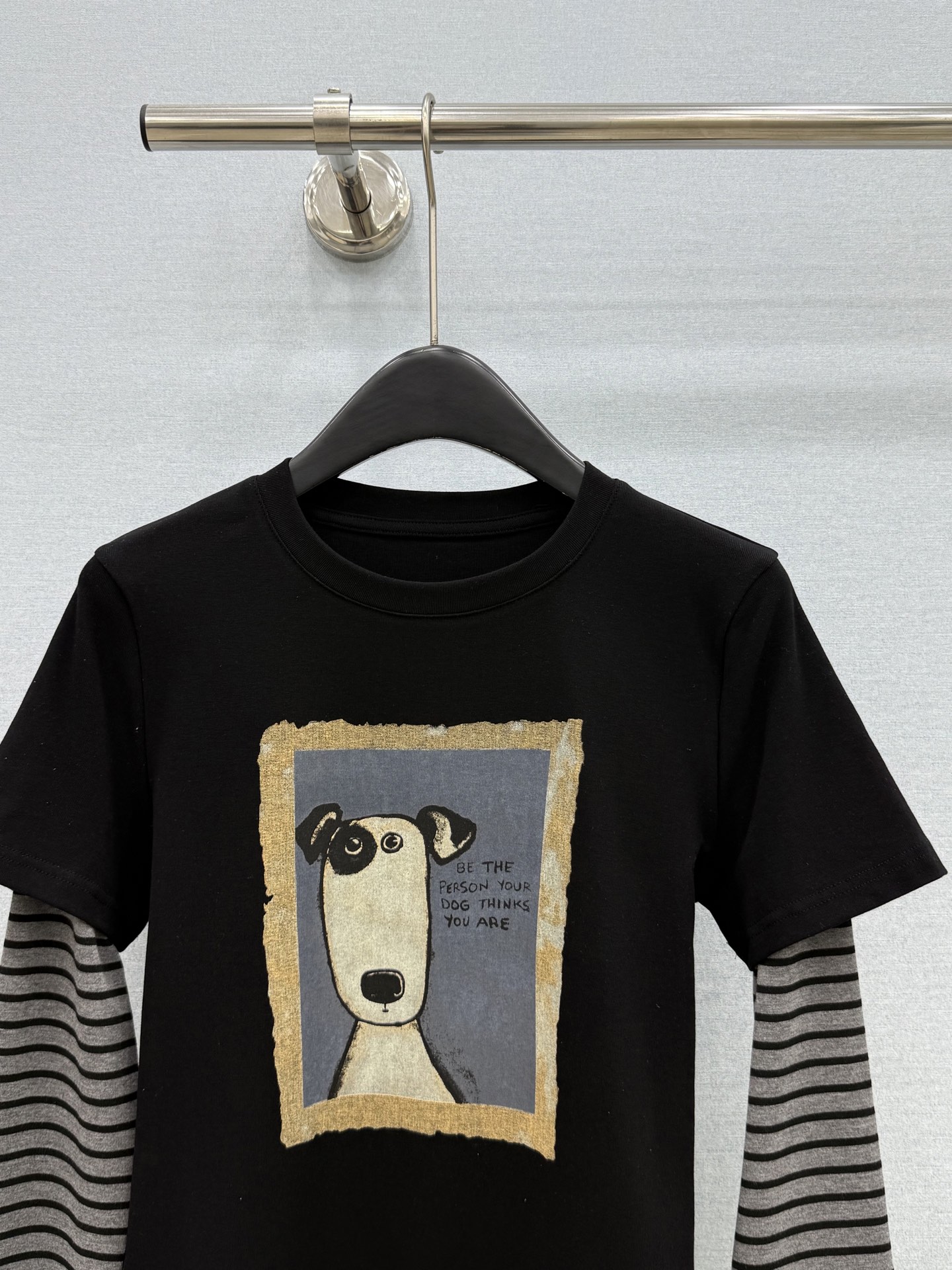 プリント柄 フェイクレイヤード長袖Tシャツ ブラック 詳細画像 3
