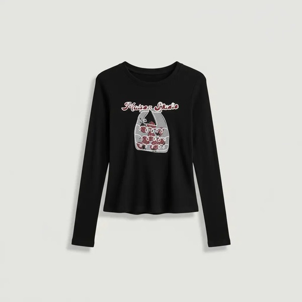 刺繍長袖インナートップス ブラック