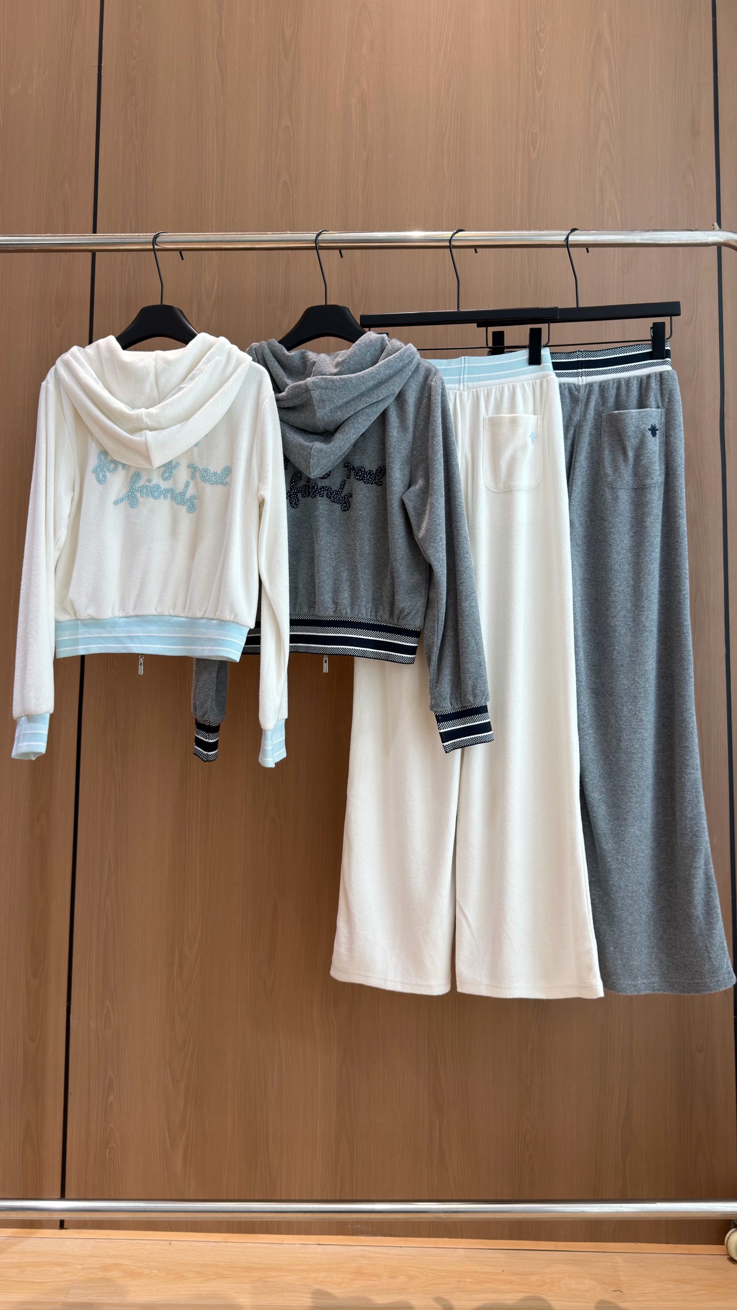 フーディジップアップジャケット&ハイウエストワイドパンツ セットアップ アイボリー/グレー 詳細画像 2
