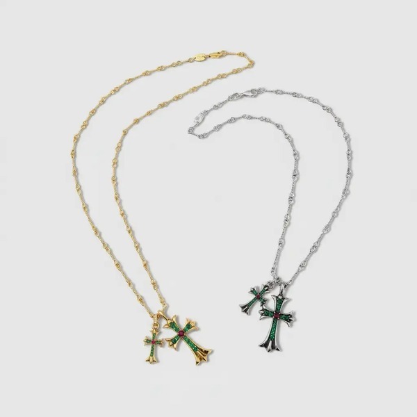 クロムハーツ ダブルクロス ペンダント ネックレス エメラルドパヴェ ゴールド／シルバー