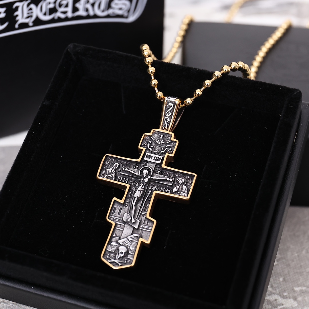 クロムハーツ ミニ フレイム クロス ペンダント ボールチェーン ネックレス シルバー/ゴールド 詳細画像 2