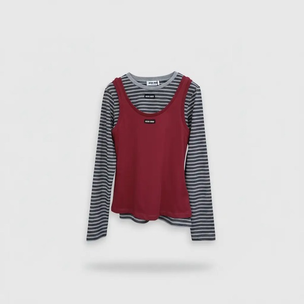 ミュウミュウ ロゴパッチ ストライプ長袖Tシャツ＆タンクトップ セット バーガンディ／ネイビー／ホワイト
