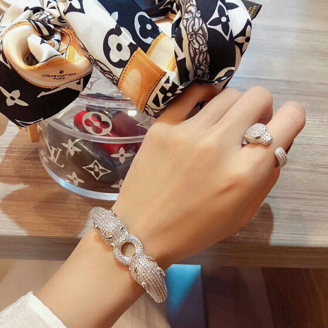 カルティエ パンテール ドゥ カルティエ ダブルヘッド パヴェ クリスタル バングル シルバー/グリーン 詳細画像 1