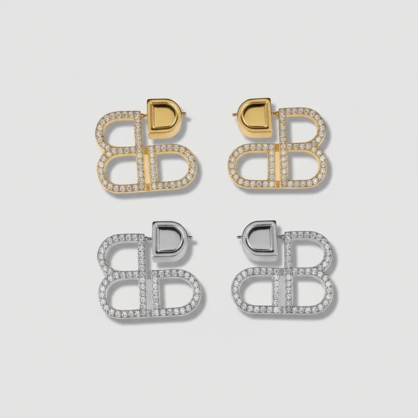 バレンシアガ オーバーサイズ BB ロゴ パヴェ ピアス ゴールド／シルバー