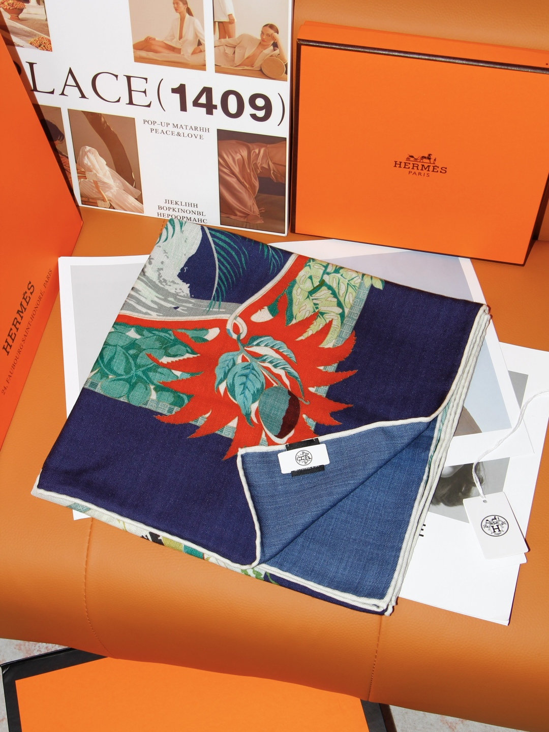 カシミヤシルク 140 トロピカルプリント ショール ネイビー/ターコイズ 詳細画像 2