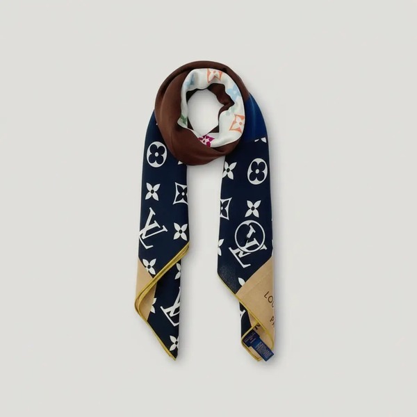 ゼニア カシミヤシルク ダブルフェイス プリント ショール 140x140 ネイビー／ブラウン