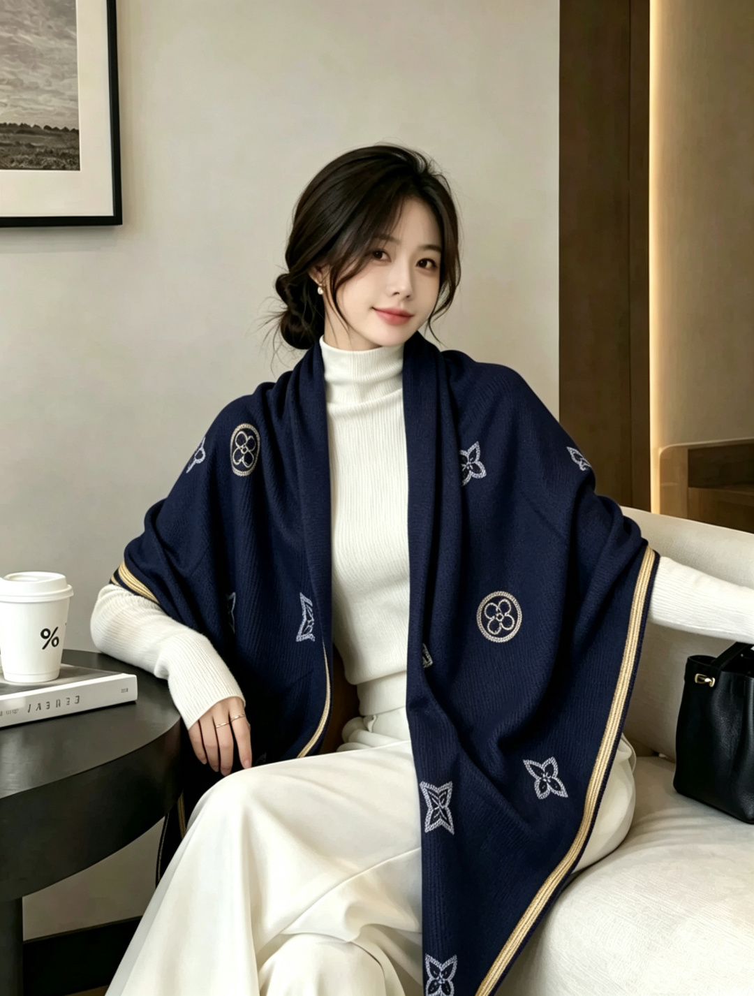 ルイ・ヴィトン LV x TM モノグラム・マルチカラー シルクカシミヤ ダブルフェイス ショール 140 ネイビー 詳細画像 1