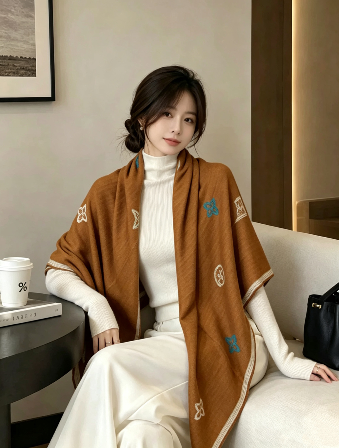 ルイ・ヴィトン LV x TM モノグラム・マルチカラー シルクカシミヤ ダブルフェイス ショール 140 キャラメルブラウン 詳細画像 1