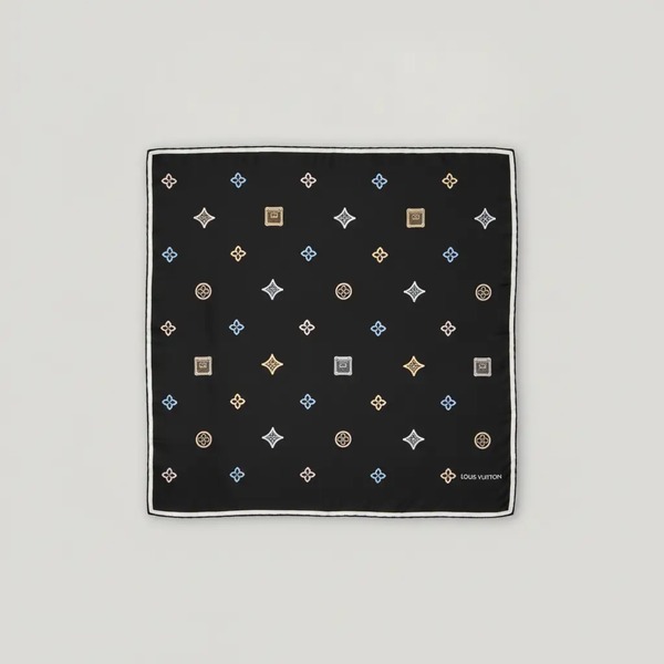 ルイ・ヴィトン LV x TM モノグラム・マルチカラー シルクカシミヤ ダブルフェイス ショール 140 ブラック／ネイビー