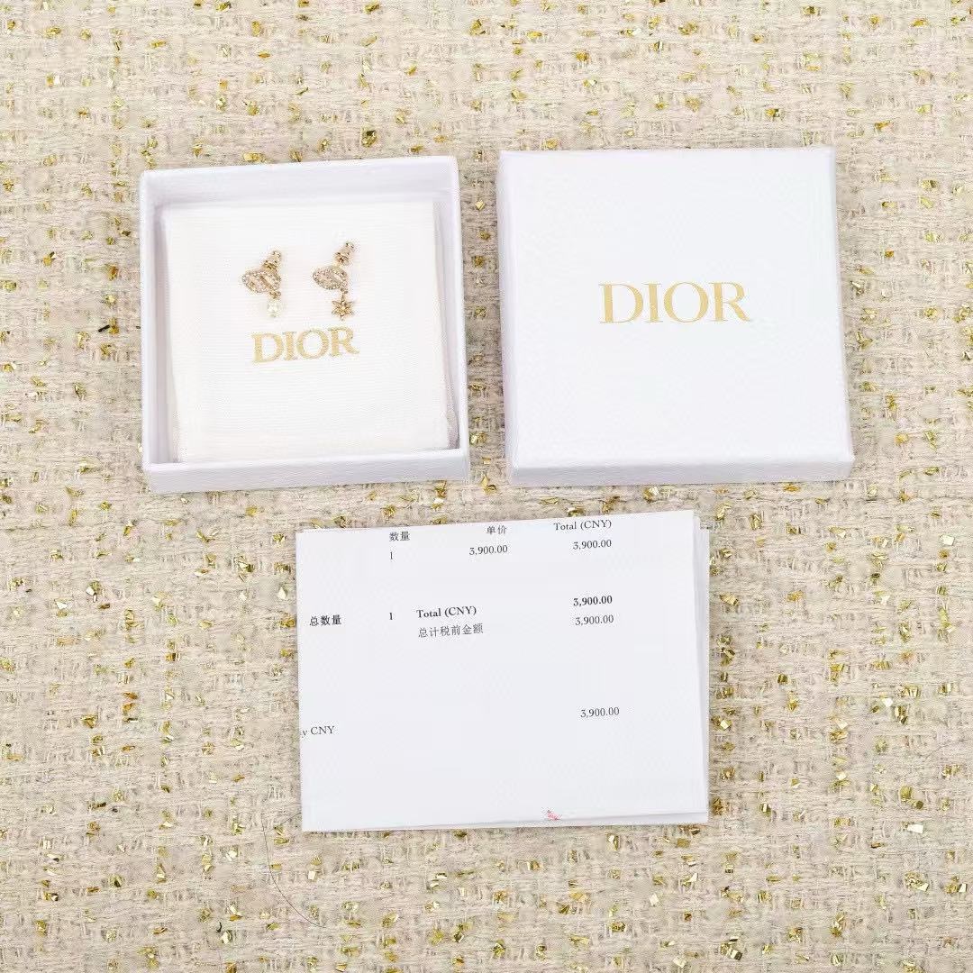 ディオール Petit CD アシンメトリー パヴェ クリスタル パール スター ドロップ ピアス ゴールド/ホワイト 詳細画像 2