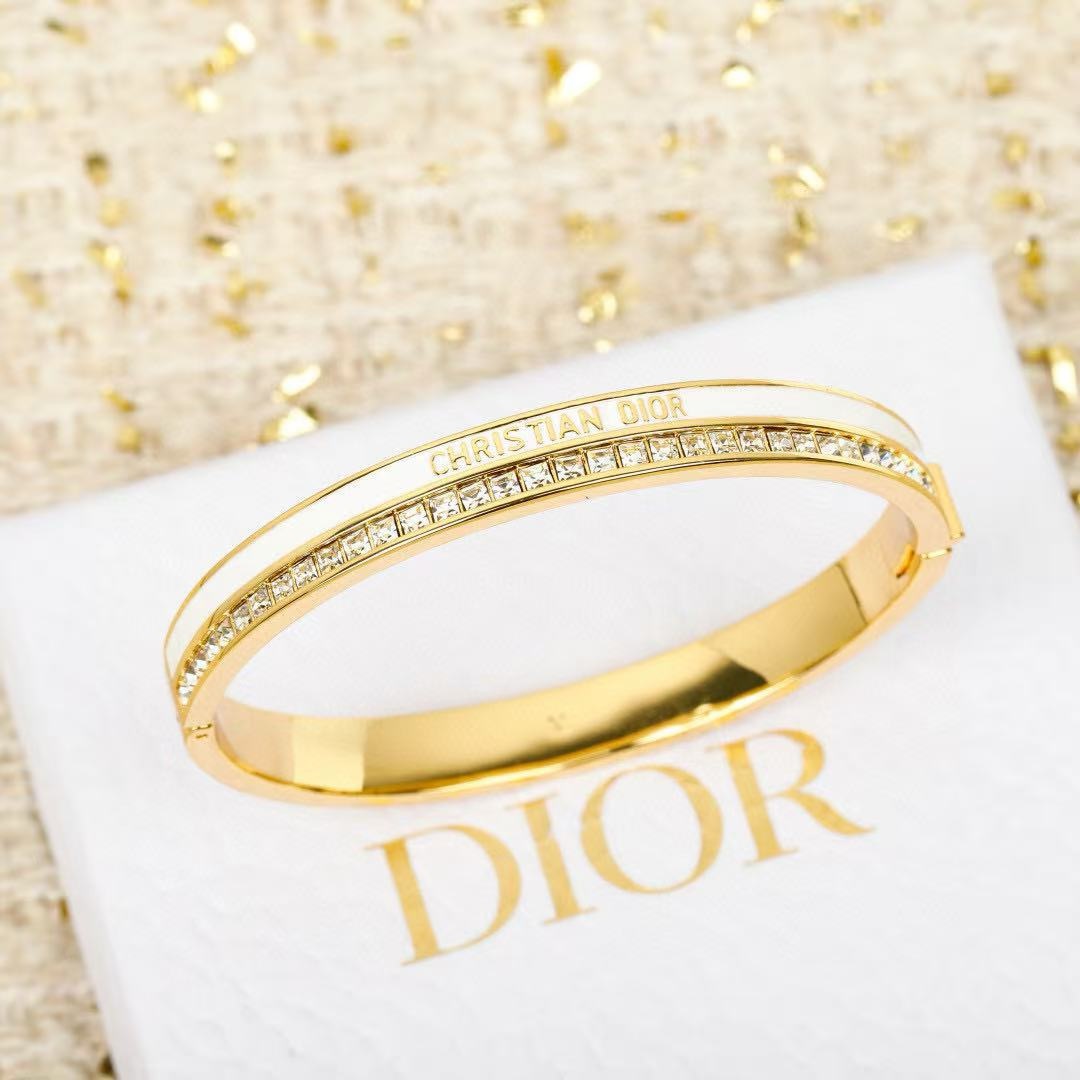 ディオール Christian Dior ロゴ パヴェ クリスタル エナメル バングル ブレスレット ゴールド／ホワイト／ブラック 詳細画像 2