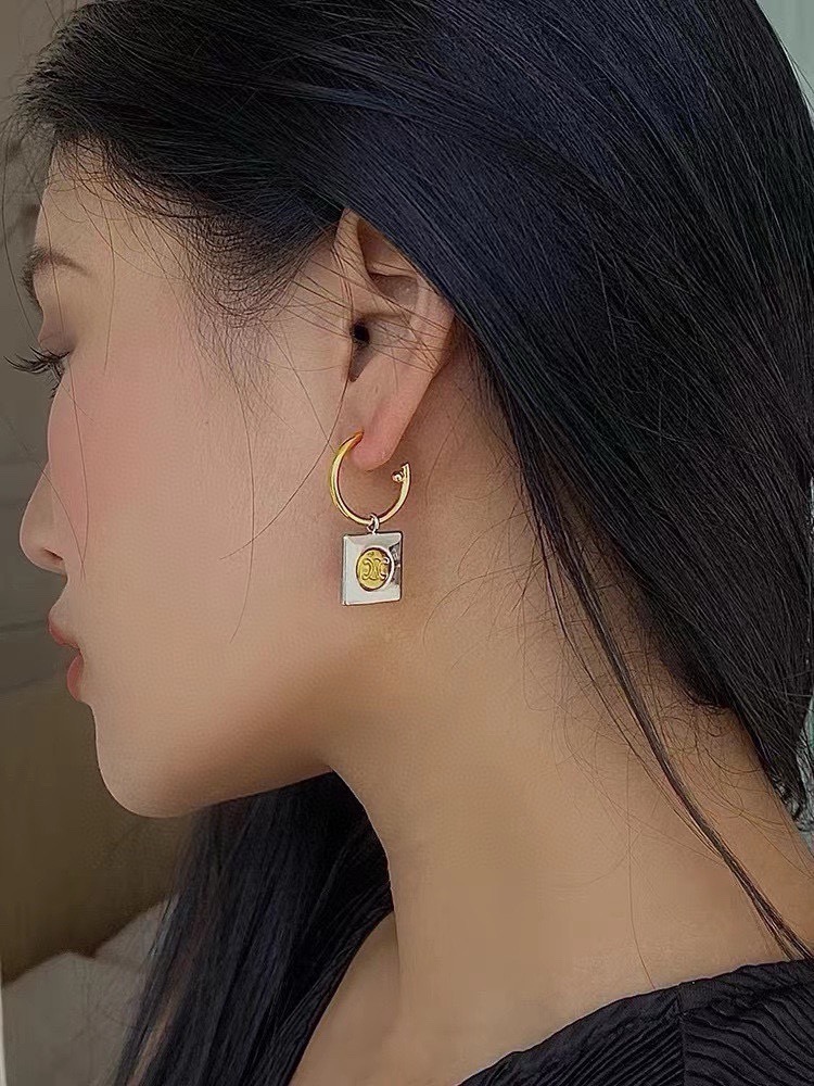 セリーヌ スクエアチャーム フープピアス ゴールド&シルバー 詳細画像 2