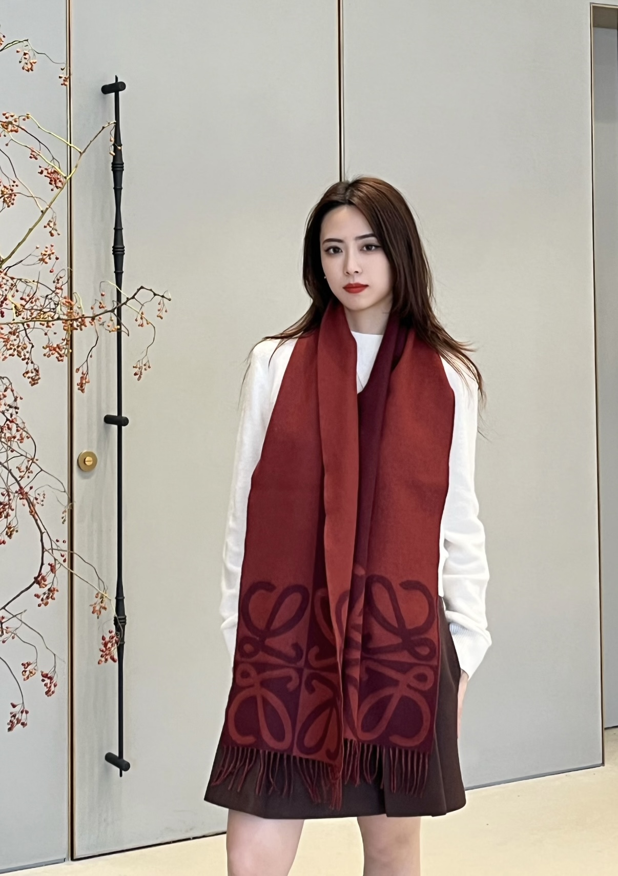 ロエベ アナグラム ウール カシミヤ マフラー レッド×ボルドー 詳細画像 1