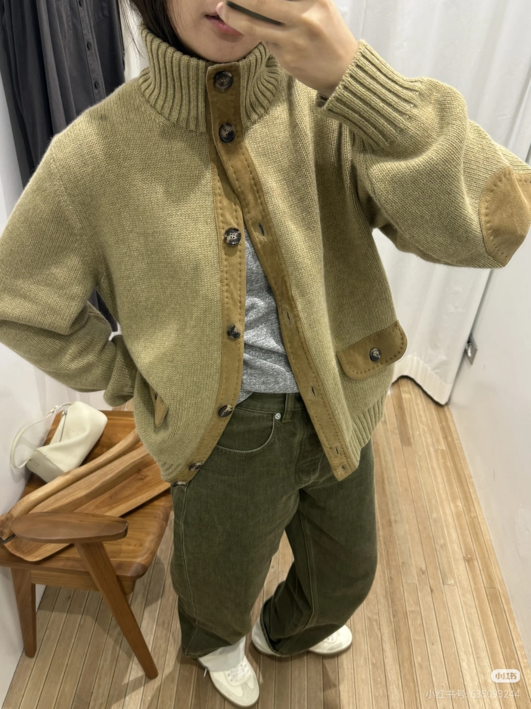 ロロ・ピアーナ カシミヤ混×レザー ニットカーディガン コーヒーグリーン CS336868028 詳細画像 2