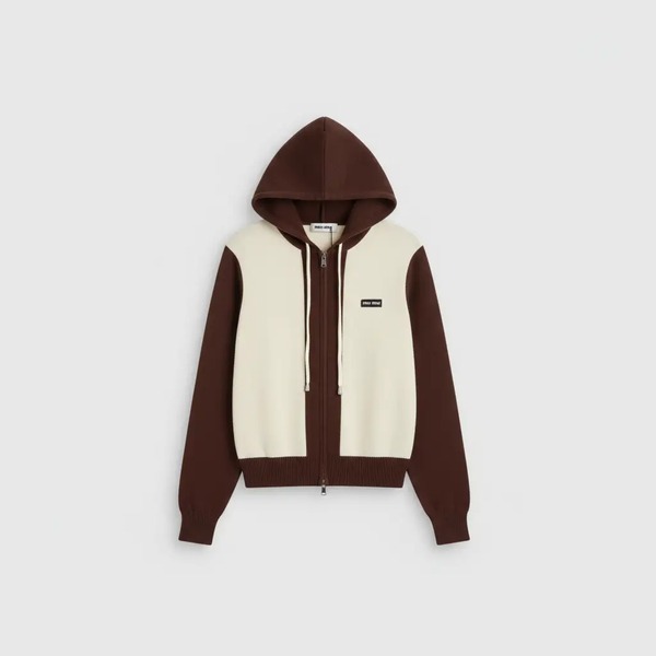 ミュウミュウ フーデッドジップアップニットカーディガン アイボリー×ブラウン