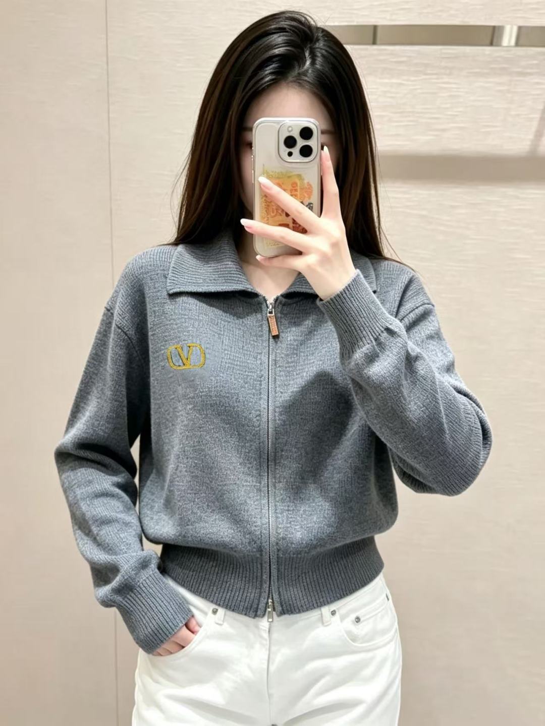レディース ジップアップ ニットカーディガン 襟付き ワッフルニット アイボリー 詳細画像 3